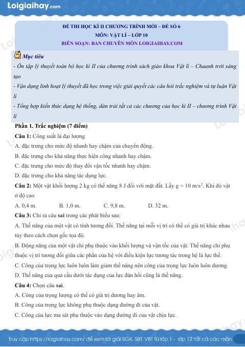 Đề thi học kì 2 Vật lí 10 Chân trời sáng tạo - Đề số 6